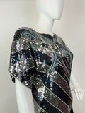 VTG 70s 80s BLACK SILVER BLUE STRIPED FLORAL SEQUIN DISCO GLAM BLOUSE TOP 18 20