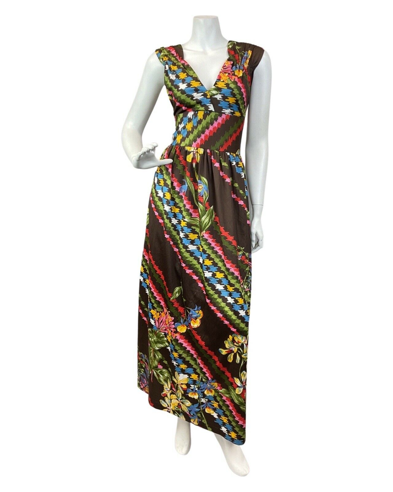 VINTAGE 60s 70s BROWN BLUE RED STRIPED FLORAL V-NECK SLEEVELESS MAXI DRESS 10