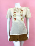 VTG 60s 70s CREAM YELLOW ORANGE FLORAL VINE HEART EMBROIDERED BOHO BLOUSE 10 12