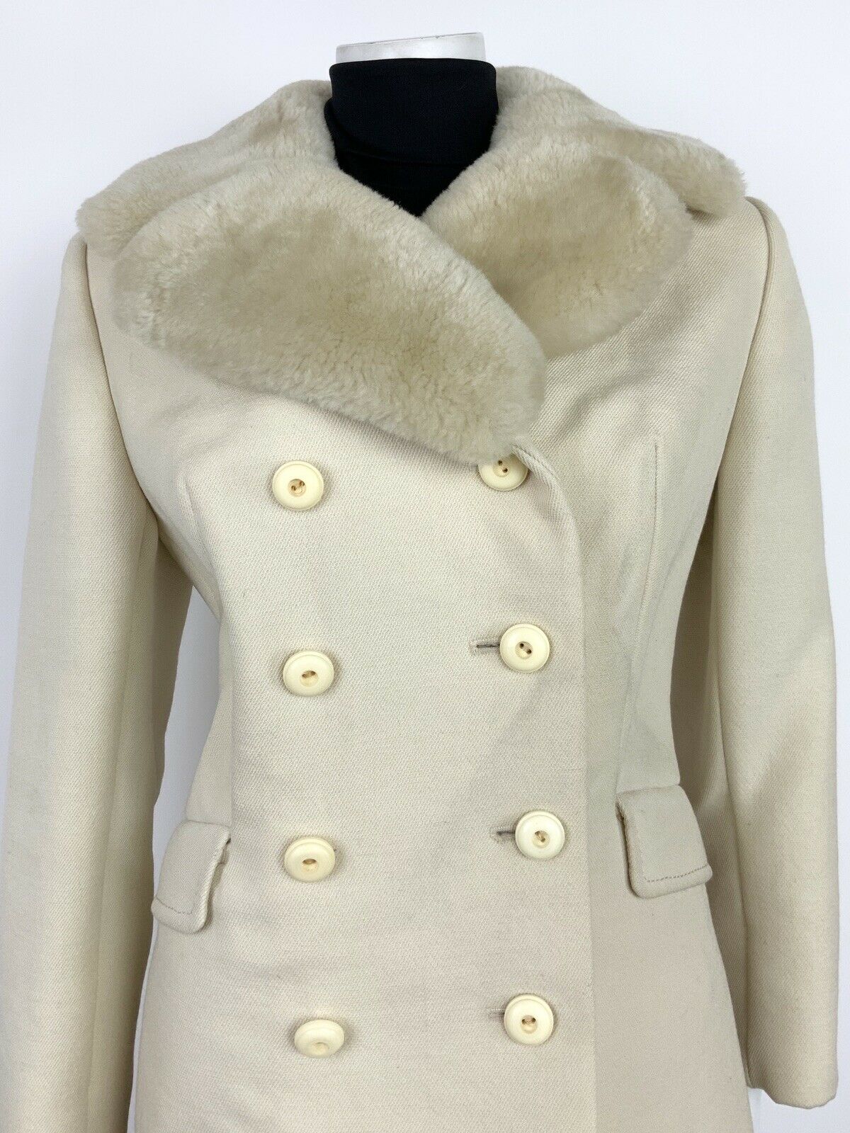 VTG 60S 70S CREAM DOUBLE BREASTED MOD PEA COAT 10 12