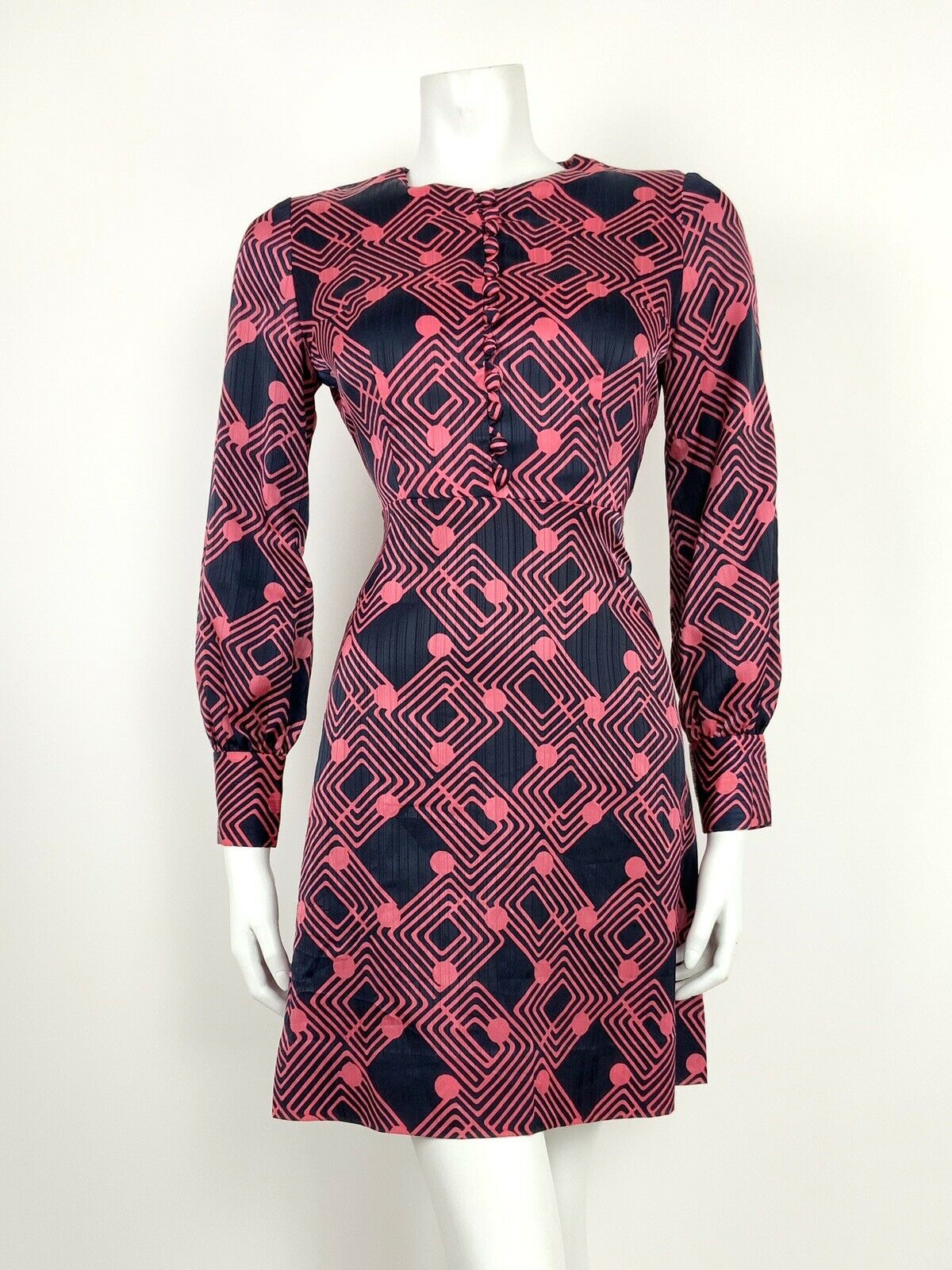 AMAZING VINTAGE 60s 70s NAVY BLUE PINK GEOMETRIC LATTICE MOD DRESS 10