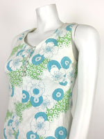 VTG 60s 70s WHITE BLUE GREEN EMBOSSED PSYCHEDELIC FLORAL SUMMER MINI DRESS 6 8