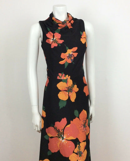 STUNNING VTG 60S 70S BLACK ORANGE RED PSYCHEDLIC FLOWER MAXI DRESS 10