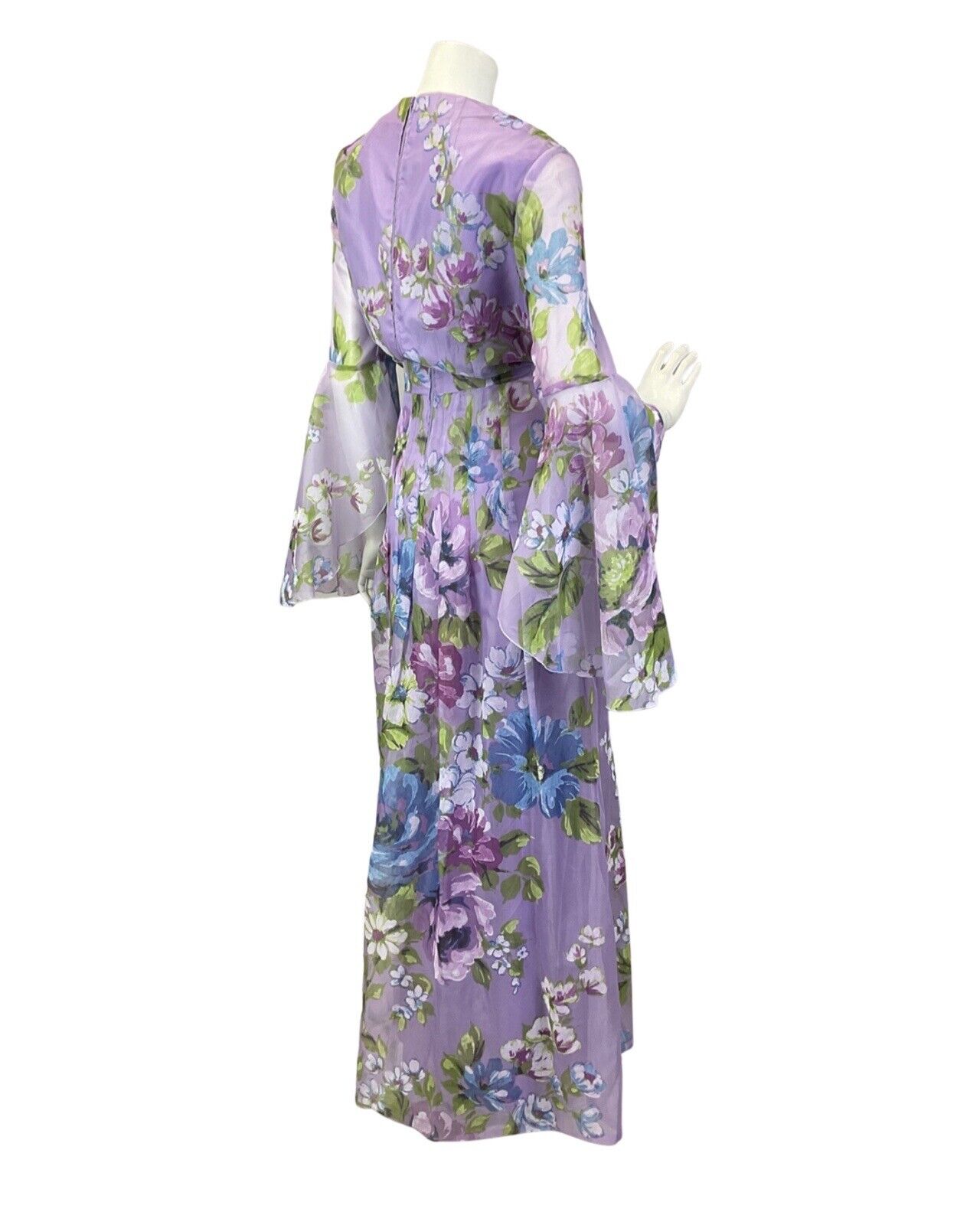 VINTAGE 60s 70s LILAC BLUE GREEN FLORAL SHEER FLOUNCE SLEEVE BOHO MAXI DRESS 12