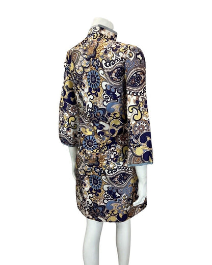 VINTAGE 60s 70s BLUE CREAM PSYCHEDELIC MANDALA MANDARIN HOUSE COAT DRESS 14