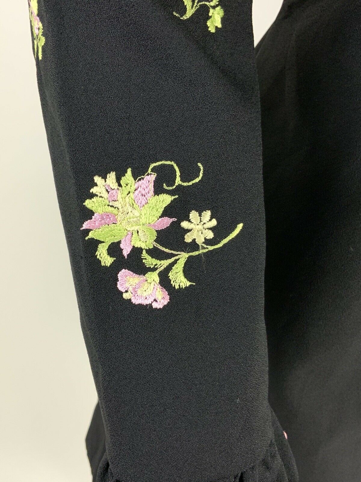 VINTAGE 60s 70s BLACK PINK LIME MINT GREEN FLORAL EMBROIDERY RUFFLE DRESS 8 10