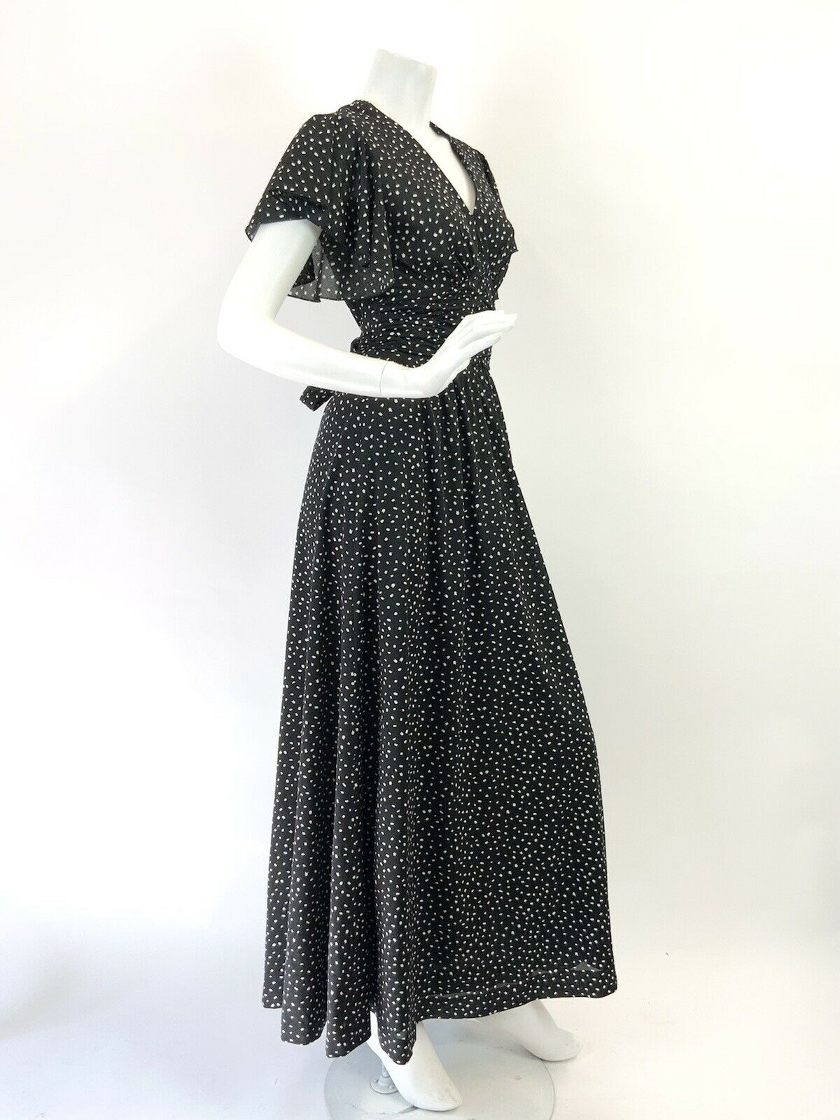 VINTAGE 60s 70s BLACK WHITE POLKA-DOT DASH RUFFLED FLARED SUMMER MAXI DRESS 8 10