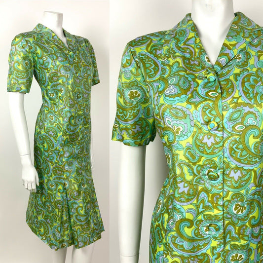 VINTAGE 60s 70s GREEN BLUE PURPLE FLORAL PAISLEY PSYCHEDELIC SHIRT DRESS 14 16