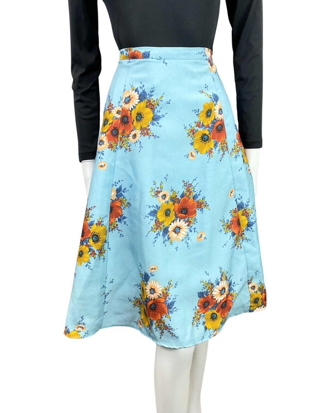 VINTAGE 60s 70s BLUE RED GOLD FLORAL POPPY BOUQUET SWING FLARED MIDI SKIRT 8 10