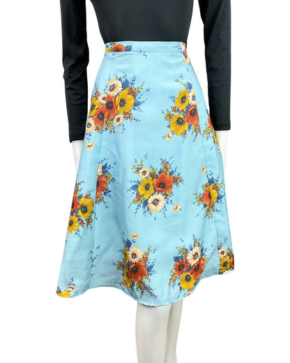 VINTAGE 60s 70s BLUE RED GOLD FLORAL POPPY BOUQUET SWING FLARED MIDI SKIRT 8 10