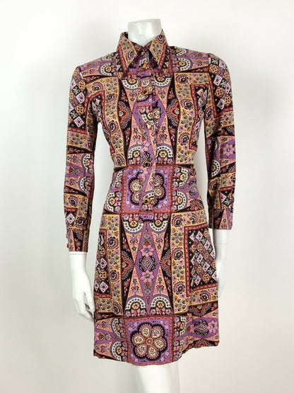 VTG 60s 70s PURPLE BLACK RED BEIGE FLORAL PSYCHEDELIC DAGGER SHIRT DRESS 8 10