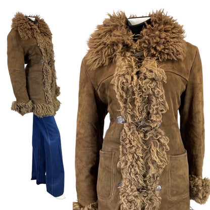 VINTAGE 60s 70s LIGHT BROWN BOHO TOGGLE PENNY LANE SUEDE SHEARLING COAT 12 14