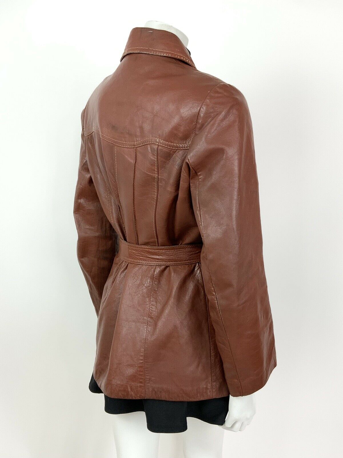 VINTAGE 60s 70s BROWN RED BELTED MOD LEATHER JACKET 12 14