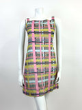 VINTAGE 60s 70s BLUE PINK YELLOW CHECKED BATIK MOD SHEER STRAPPY MINI DRESS 6 8