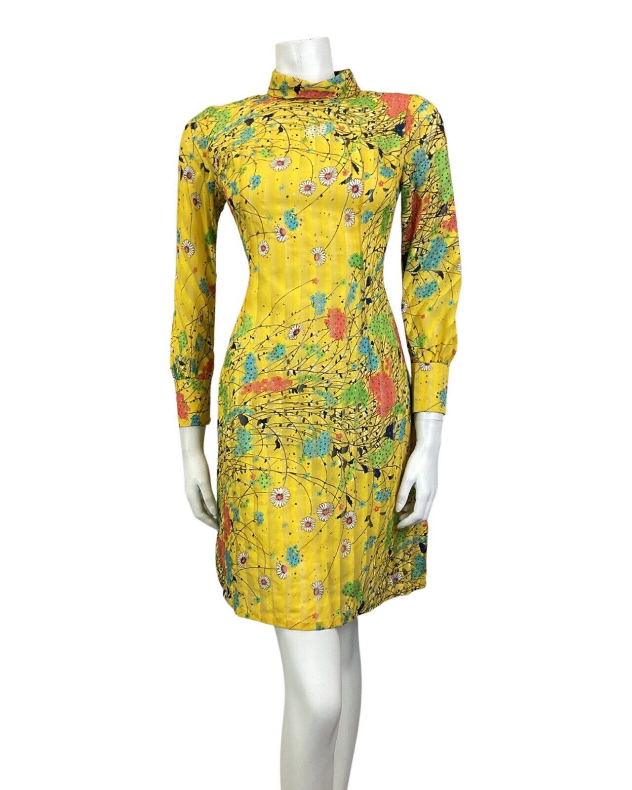 VINTAGE 60s 70s YELLOW BLUE PINK DAISY FLOWER PSYCHEDELIC SUMMER SHORT DRESS 8