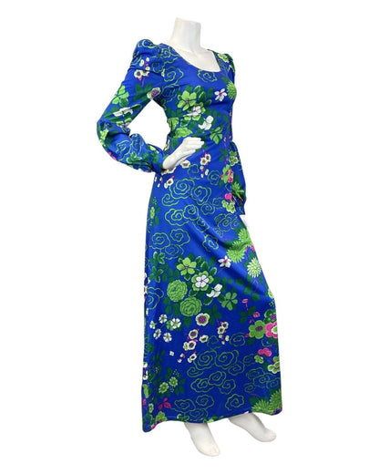 VINTAGE 60s 70s BLUE GREEN PINK PSYCHEDELIC FLORAL JULIET SLEEVE MAXI DRESS 8 10