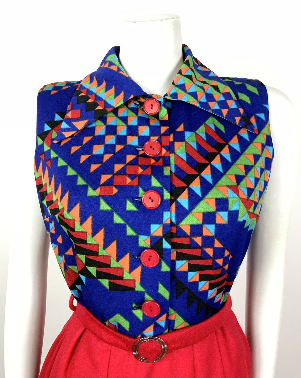 VTG 60s 70s MOD RED BLUE GREEN ORANGE GEOMETRIC BELTED PLEATED DRESS 10 12