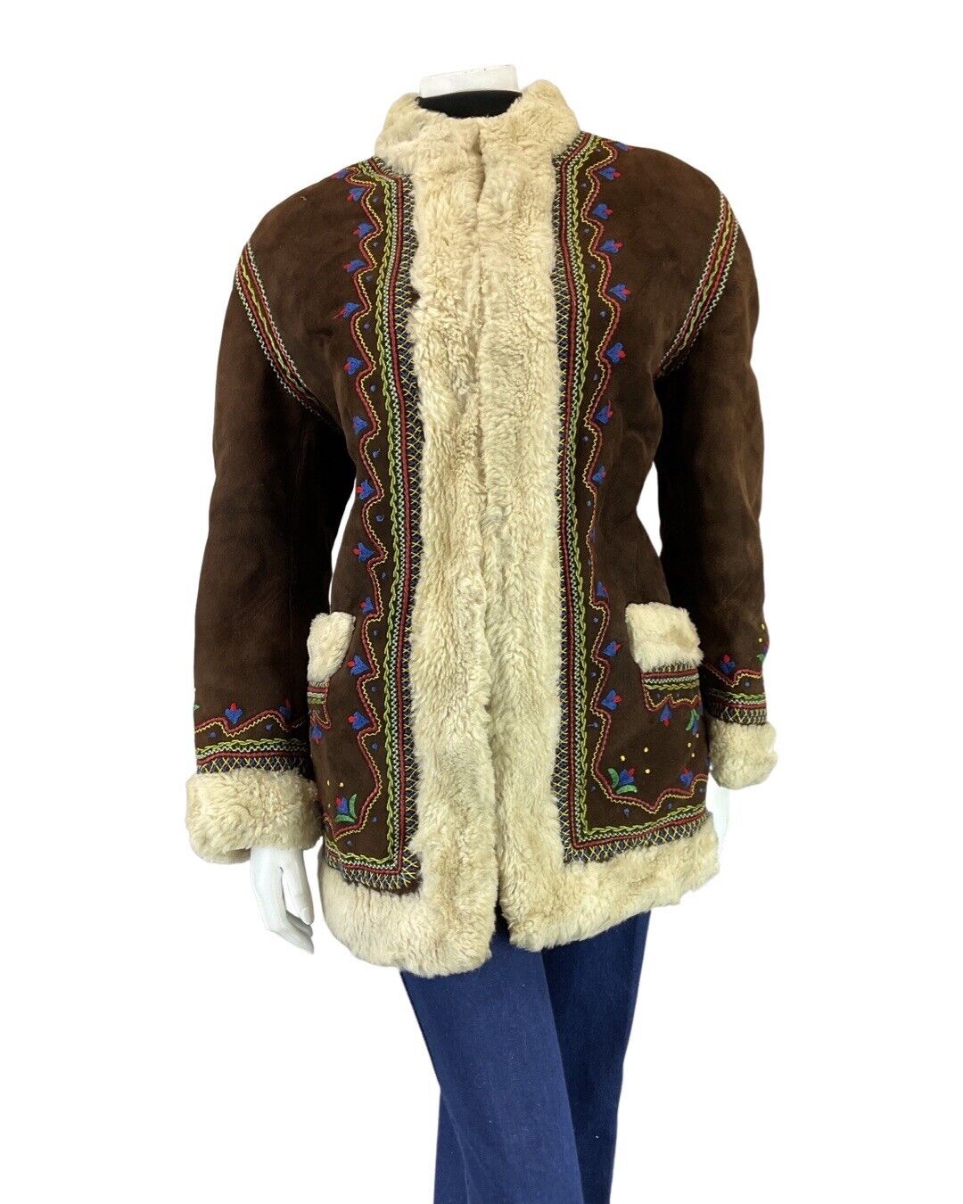 VINTAGE 60s 70s BROWN EMBROIDERED BOHO PENNY LANE AFGHAN SHEARLING COAT 12 14