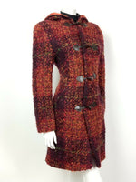 VINTAGE 70s 80S RED ORANGE GREEN CHECKED PLAID HOODED WOOL DUFFLE COAT 10 12