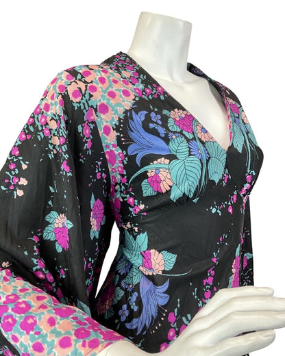 VINTAGE 60s 70s BLACK PINK BLUE FLORAL LEAFY ANGEL SLEEVE MAXI DRESS 12 14