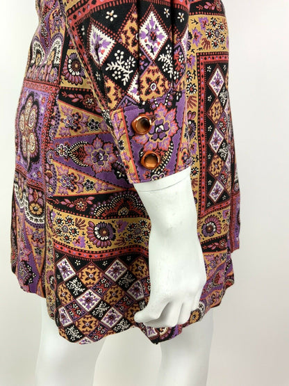 VTG 60s 70s PURPLE BLACK RED BEIGE FLORAL PSYCHEDELIC DAGGER SHIRT DRESS 8 10