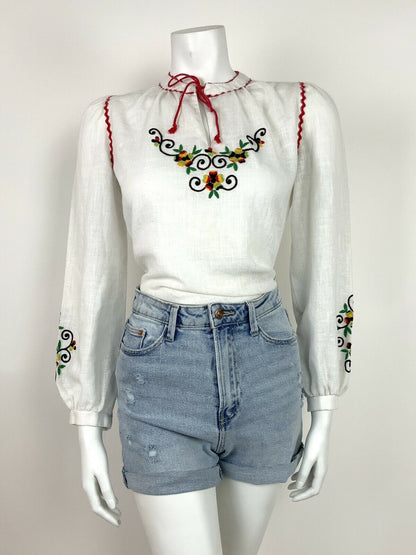 VTG 70s ETHNIC WHITE BLACK RED YELLOW GREEN EMBROIDERED FLORAL TOP GYPSY 10 12