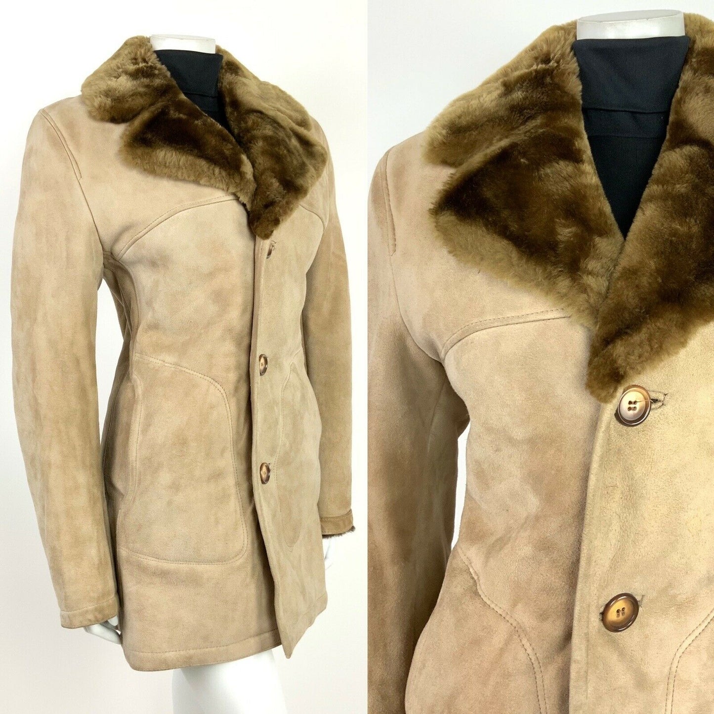 VTG 60s 70s BEIGE BROWN SUEDE LEATHER FUR TRIM SHEARLING HIPPY BOHO COAT 10 12