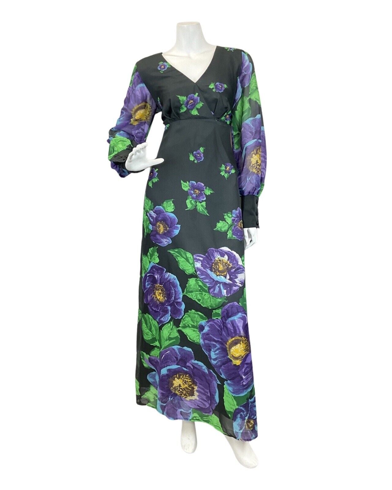 VINTAGE 60s 70s BLACK PURPLE GREEN FLORAL LONG-SLEEVE MAXI DRESS 12 14