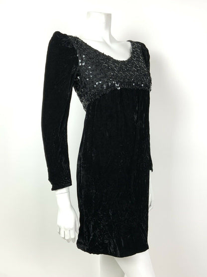 VINTAGE 60s 70s BLACK VELOUR SEQUIN EMPIRE LINE PARTY DISCO LBD MINI DRESS 6