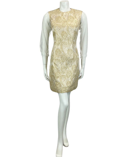 VINTAGE 60s 70s GOLD WHITE MESH MOD MINI PARTY CHRISTMAS EVENING DRESS 10