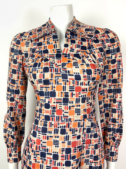 VINTAGE 60s 70s BLUE ORANGE RED BEIGE GEOMETRIC MOD DAGGER SHIRT DRESS 10 12