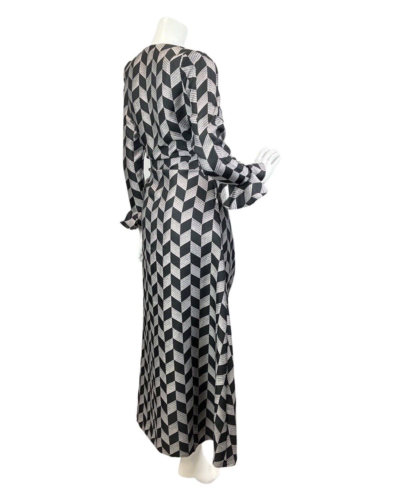 VINTAGE 60s 70s BLACK SILVER LUREX CHEVRON MOD DISCO STUDIO 54 MAXI DRESS 12