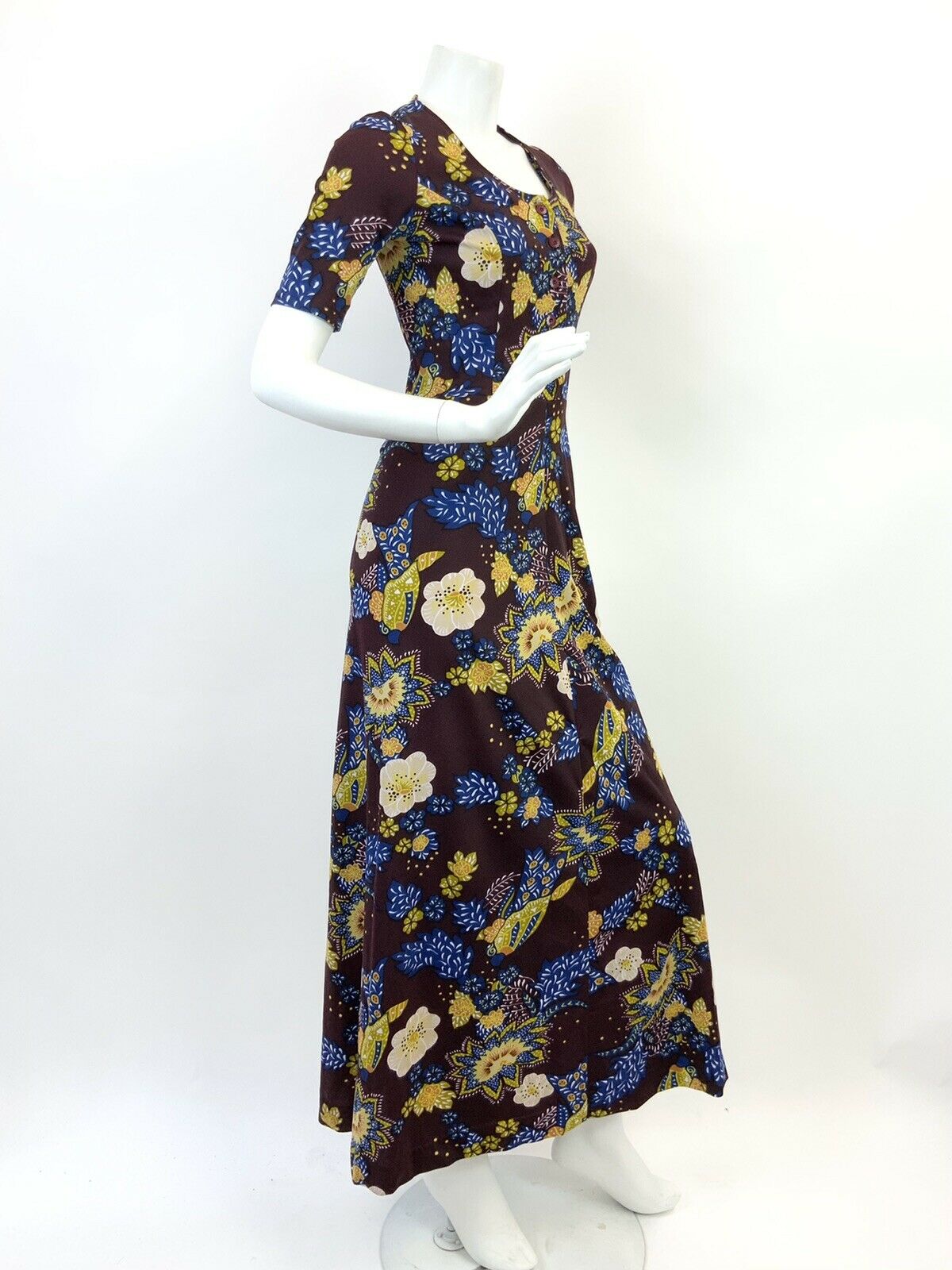 VINTAGE 60s 70s BURGUNDY BLUE GREEN BEIGE FLORAL LEAFY DOTTY FOLK MAXI DRESS 8