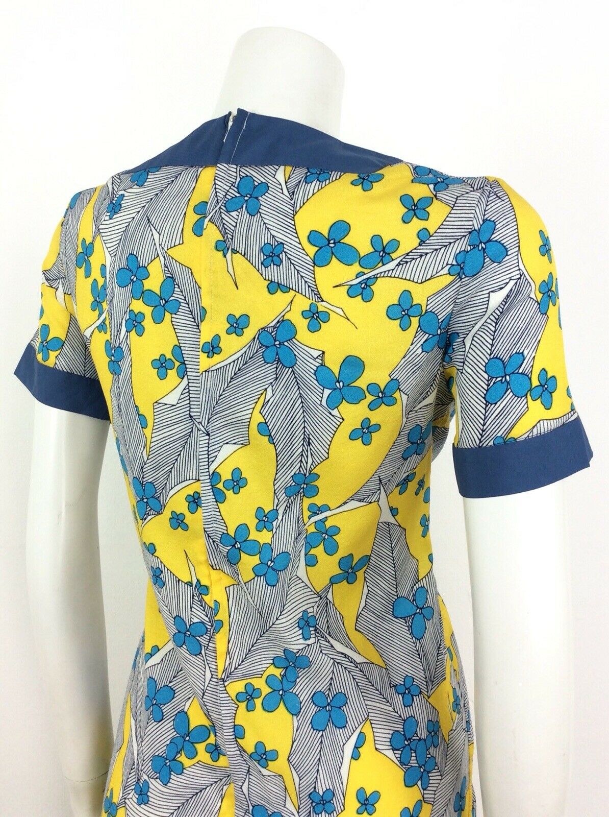 60s 70s VINTAGE YELLOW BLUE WHITE FLORAL TUNIC DRESS 10 12 14