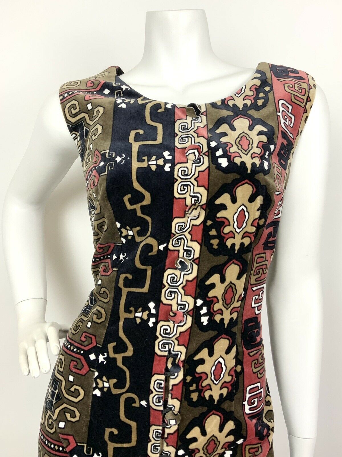 VINTAGE 60s 70s BLACK BROWN RED BEIGE GEOMETRIC AZTEC VELVET MAXI DRESS 10 12