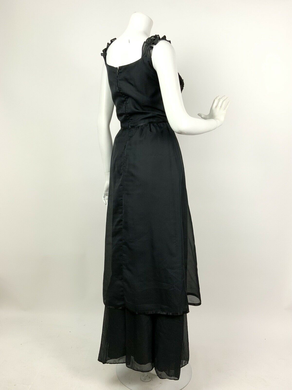 VINTAGE 60s 70s BLACK SEQUIN RUFFLE PARTY STUDIO 54 TIERED SHEER MAXI DRESS 12