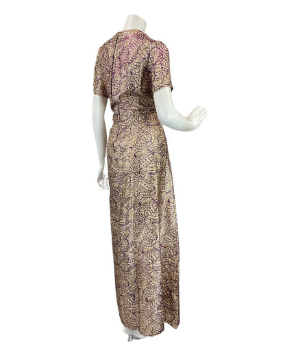 VTG 60s 70s PURPLE GOLD PSYCHEDELIC FLORAL BUTTERFLY PARTY LUREX MAXI DRESS 14