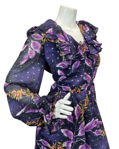 VINTAGE 60s 70s VERA MONT PURPLE NAVY BLUE GOLD LEAF PRINT RUFFLED MAXI DRESS