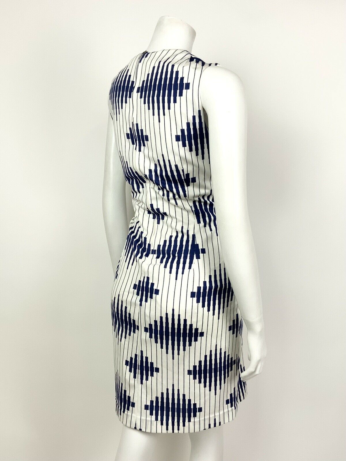 VINTAGE 60s 70s WHITE NAVY BLUE STRIPED DIAMOND GEOMETRIC WIGGLE DRESS 12 14