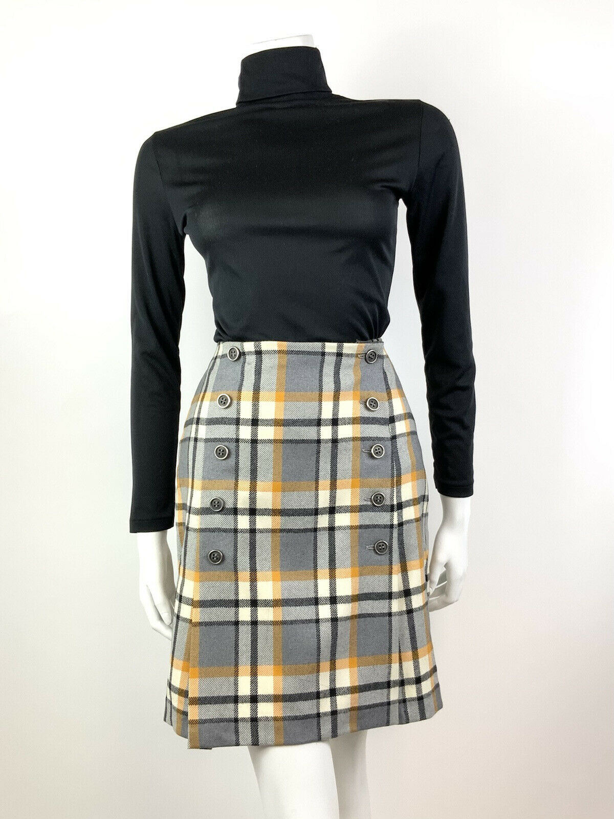 VINTAGE 60s 70s GREY WHITE YELLOW TARTAN PLAID CHECKED MOD SHORT SKIRT 6 8