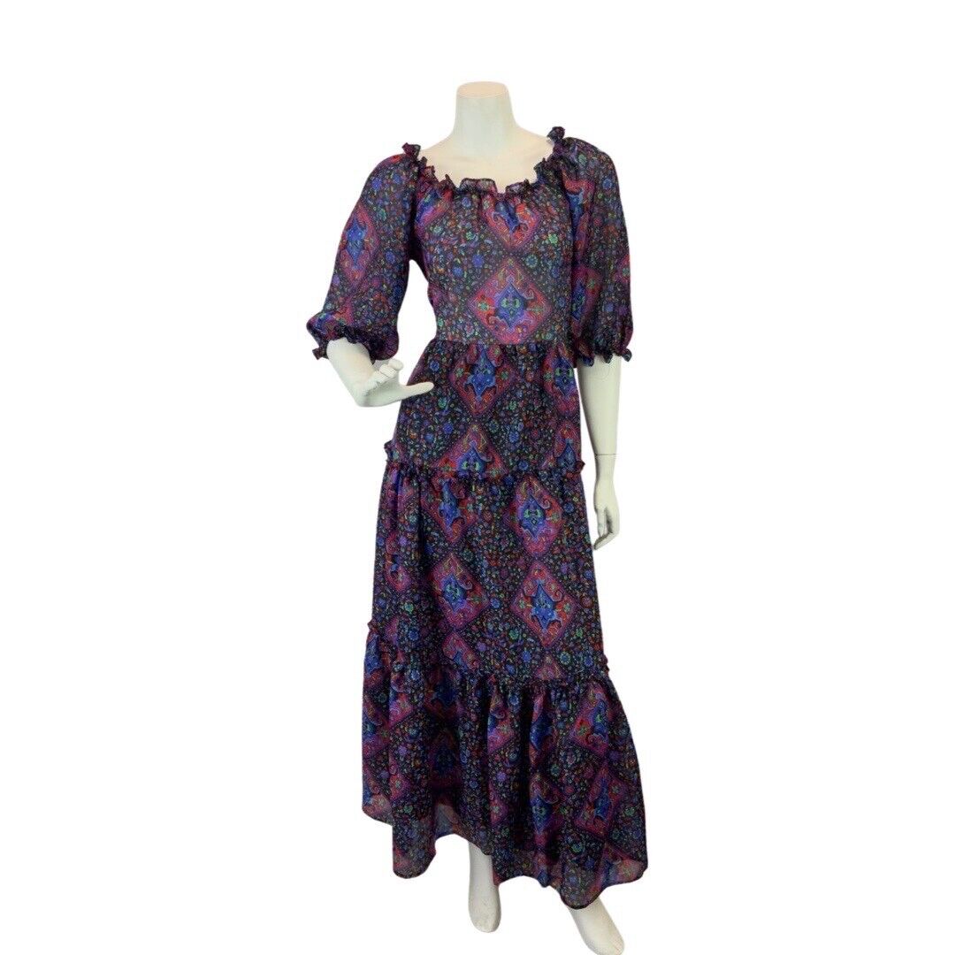 VINTAGE 60s 70s PURPLE BLACK GREEN GEOMETRIC RUFFLED SHEER MOD BOHO MAXI DRESS 8