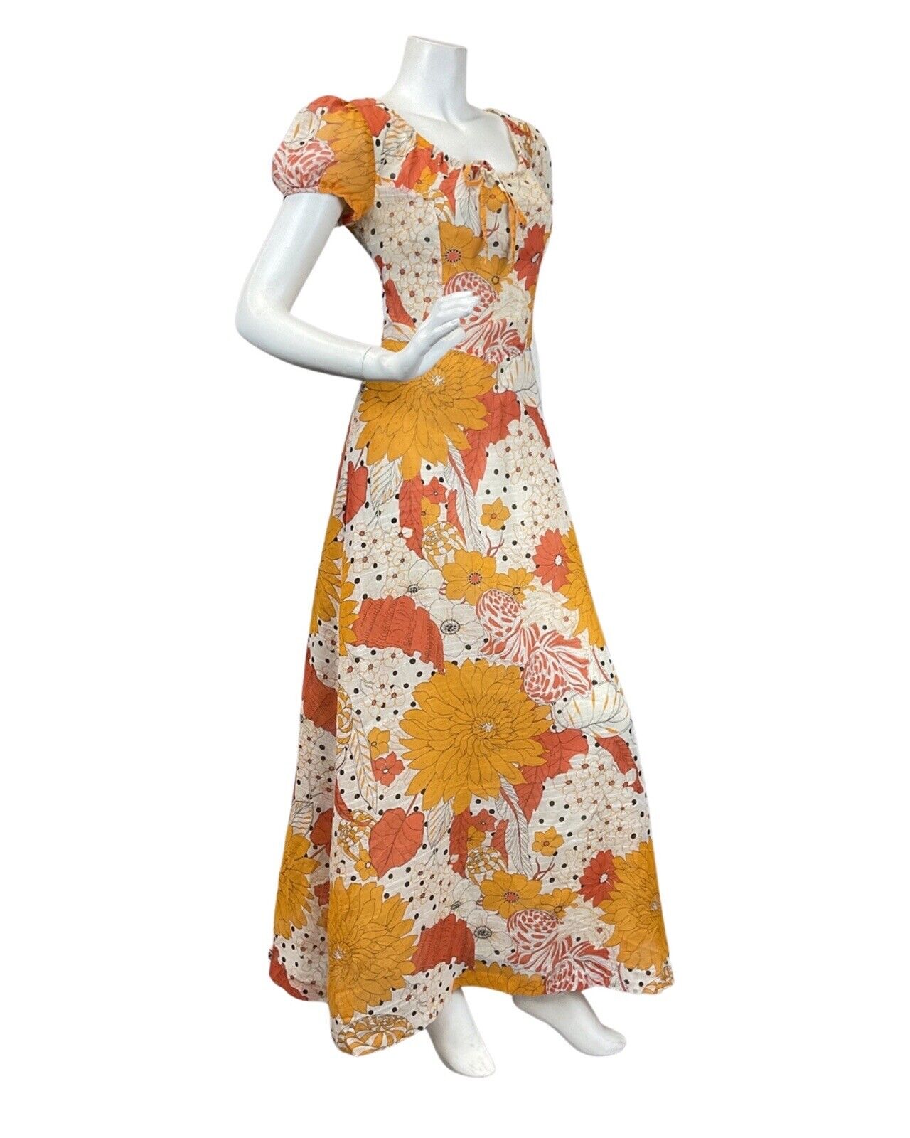 VTG 60s 70s ORANGE RED WHITE FLORAL PSYCHEDELIC MOD PUFF SLEEVE MAXI DRESS 8 10