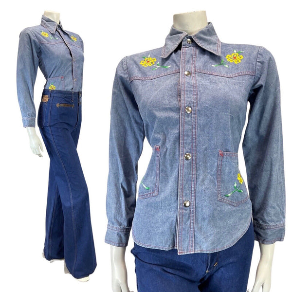 VINTAGE 60s 70s DENIM BLUE YELLOW EMBROIDERED FLOWER WESTERN DAGGER SHIRT 10