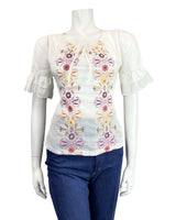 VTG 60s 70s WHITE PINK YELLOW FLORAL EMBROIDERED BOHO PRAIRIE BLOUSE TOP 12 14