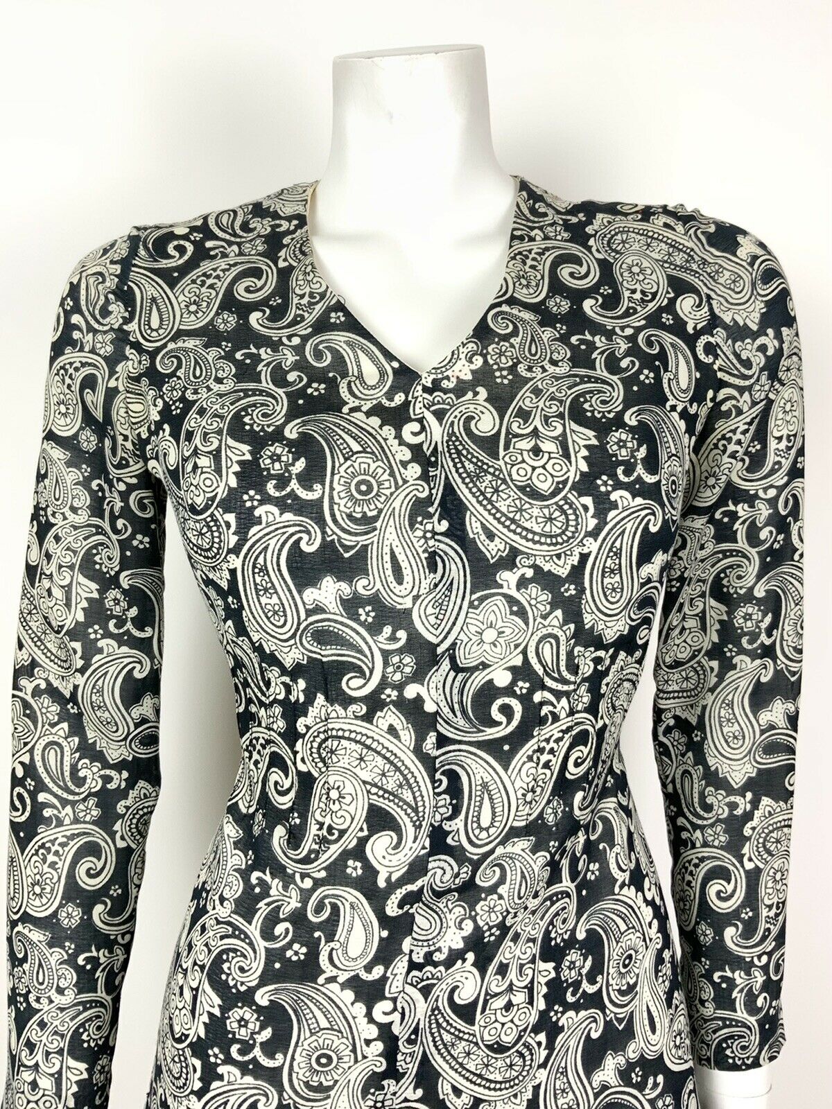 VINTAGE 60s 70s BLUE WHITE PAISLEY FLORAL PSYCHEDELIC RUFFLE DRESS 8 10