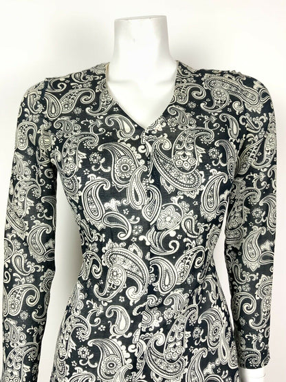 VINTAGE 60s 70s BLUE WHITE PAISLEY FLORAL PSYCHEDELIC RUFFLE DRESS 8 10