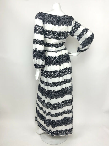 VINTAGE 70s WHITE BLACK STRIPED FLORAL LACE SUMMER MAXI DRESS 12