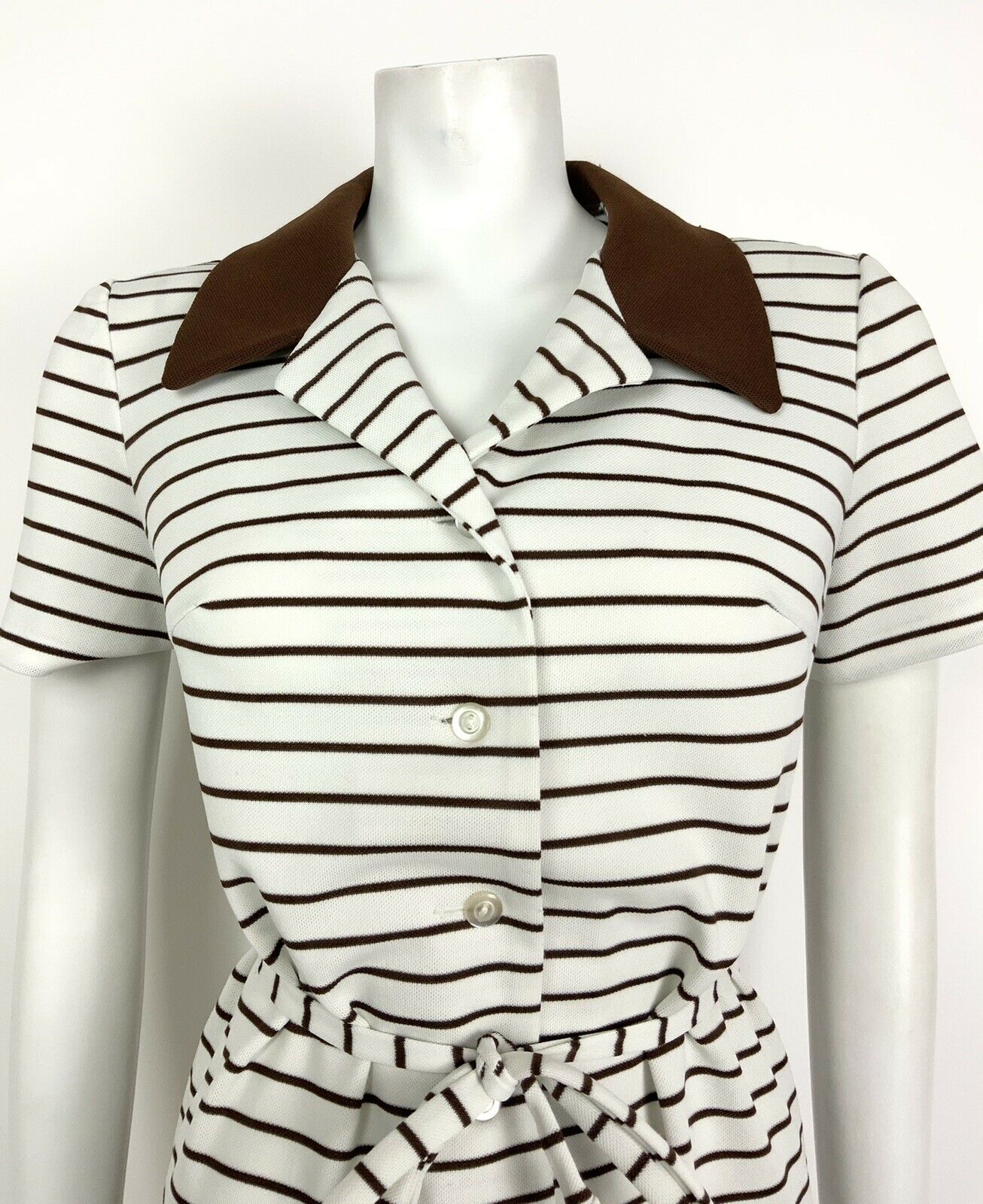 VINTAGE 60s 70s WHITE BROWN STRIPED SHIRT BELTED SHIFT DRESS 8 10