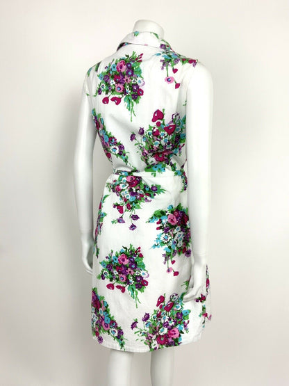 VINTAGE 60s 70s WHITE PINK PURPLE GREEN BOUQUET FLORAL WINGED SHIRT DRESS 12 14