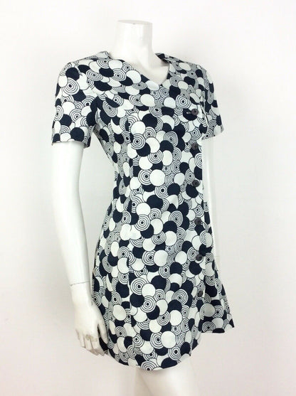 VINTAGE 60s GEOMETRIC OP ART CIRCLE BLUE WHITE DRESS 10